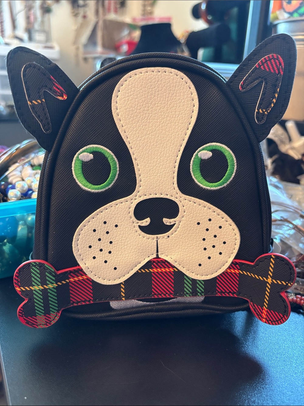 Bath & Body Works Black Dog Face Crossbody with Green Eyes and Plaid Bone